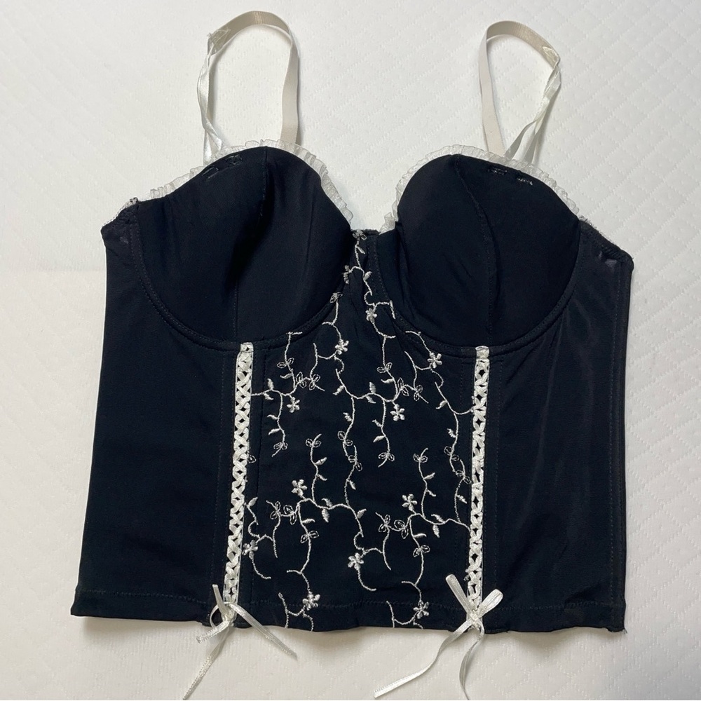 Black Bustier Top with White Embroidery size 36C‎
